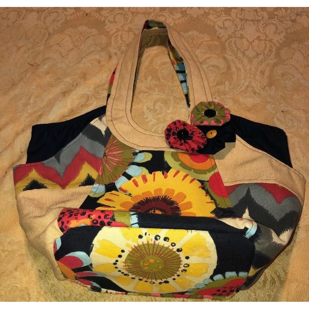 Handmade‎ Purse Cotton W Burlap Summer Fall Bag Sunflower Magnetic Button